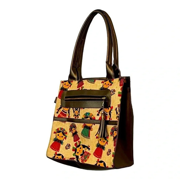 MEXICAN LELE DOLL HANDBAG PURSE‎ JUTE LEATHERETTE ZIP UP 11.5X12 - Picture 2 of 10